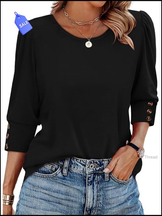 Tops - Womens 3/4 Sleeve Button Blouse Dressy Casual Tunic Top